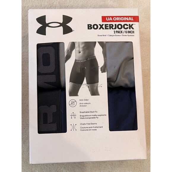Under Armour Original BoxerJock Mens 5XL 6” Boxer Brief 2 Pk Gray Blue Underwear - Picture 1 of 6